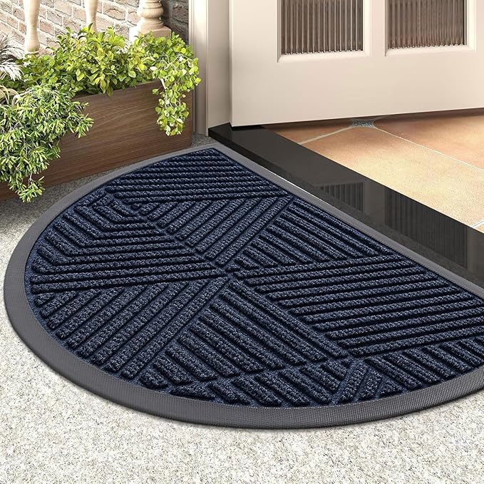 Smiry Half Circle Front Door Mat Outside Entrance, Heavy Duty Sturdy Natural Rubber Doormat, Trap Dirt and Moisture, Low Profile Mats for Indoor Outdoor Entry, Irregular Triangle (29.5x17, Navy Blue)