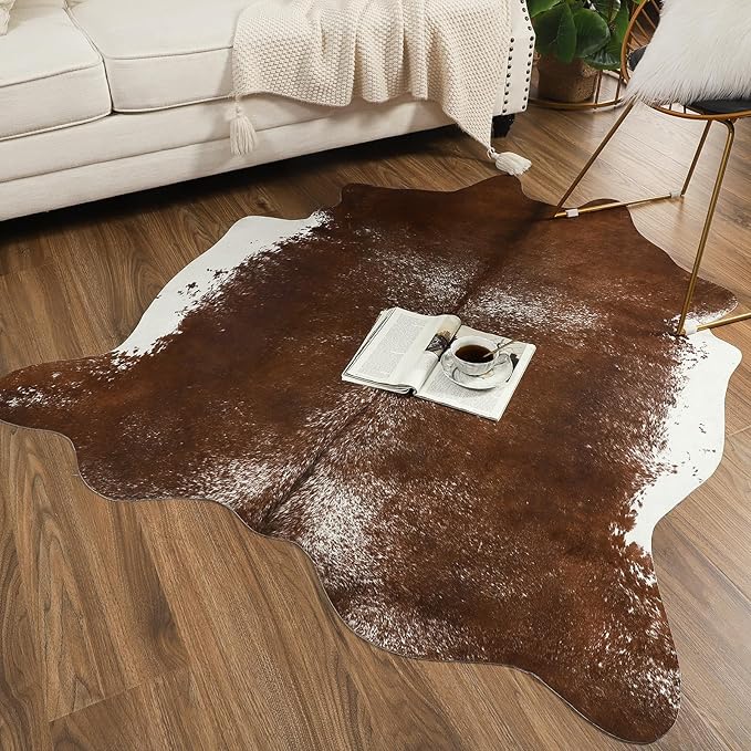 AROGAN Western Decor Faux Fur Cowhide Rug, Middle Size Premium Animal Skin Cow Hide Rug, Sturdy Cow Print Rugs for Wall Decor, Western Floor Carpet for Bedroom Living Room, Brown