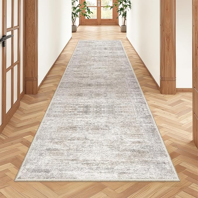 Rug Runners for Hallways Non Slip - 2x8 Runner Rug for Bedroom, Washable Runner with Rubber Backing, Soft Low-Pile Carpet for Kitchen, Laundry, Bathroom (2'x8', Brown/Grey/Ivory)