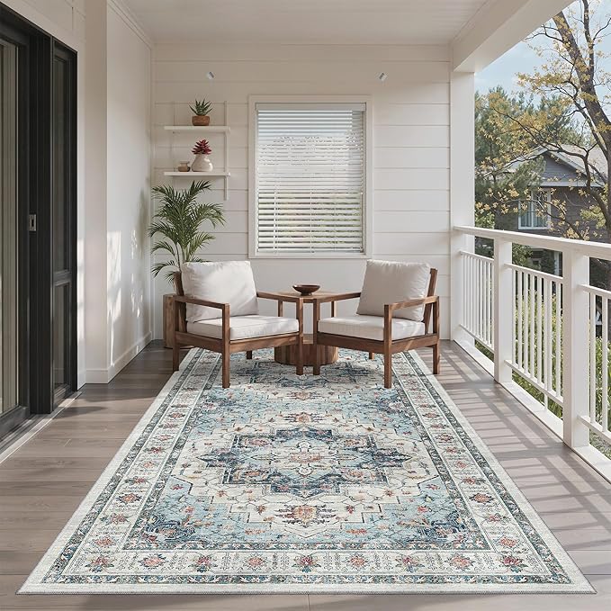 Madane Hallway Runner Rug 4x8 Wide: Washable Thin Runners for Hallways Entry, Non Slip Soft Vintage Kitchen Rugs Low Pile Carpet Runners for Living Room Bedroom Dining Room Foyer (Blue, 4x8)