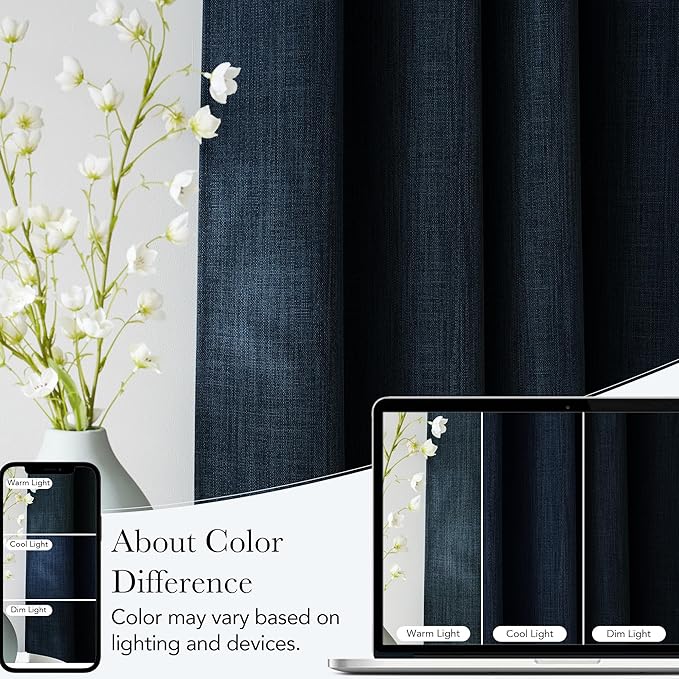 NICETOWN Faux Linen Navy Blue Blackout Curtains 84 inches Long for Living Room - Privacy Panels for Bedroom, Modern Farmhouse Style Easy Care Grommet Top, 2 Panels, W52 by L84