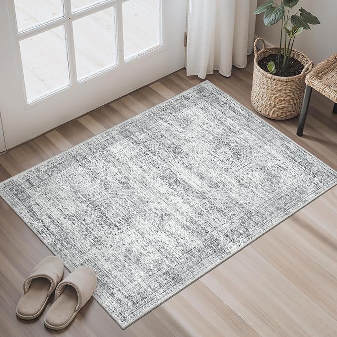 2x3 Washable Rugs for Kitchen, Floor, Entryway, Powder Room Small Area Rug Non-Slip Vintage Low Pile Throw Door Mat Grey