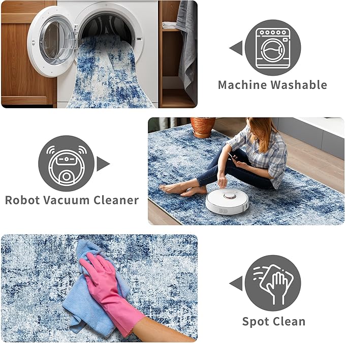 3x6 Washable Entryway Runner Rug: Non Slip Wide Hallway Runners Easy-to-Clean - Soft Living Room Bedroom Kitchen Carpet - Thin Low Pile Printed Floor Mat for Dining Room Blue