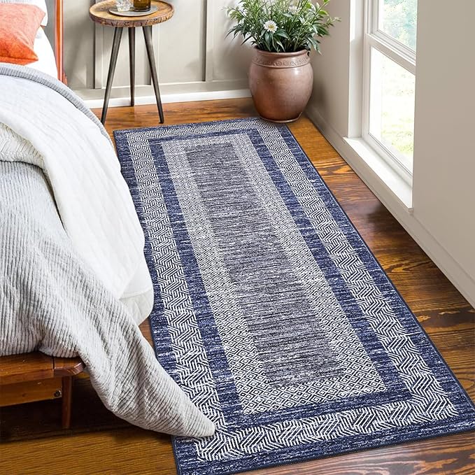 Washable 2.5x10 Kitchen Runner Navy Blue Rug, Easy Clean Geometri Rugs for Hallway Entryway, Indoor Outdoor Non Slip Rug Farmhouse Morden Carpet Door Mat Area Rug for Laundry Room Grey