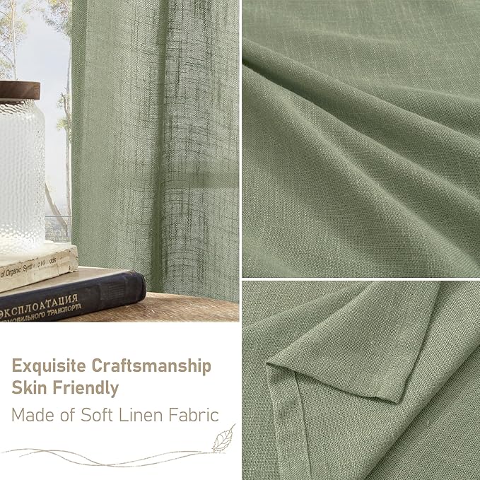 LAMIT Sage Green Light Filtering Linen Curtains 68 inches Long for Bedroom, Faux Linen Textured Semi Sheer Back Tab and Rod Pocket Boho Modern Drapes for Living Room/Farmhouse, 2 Panels, 52 x 68 Inch