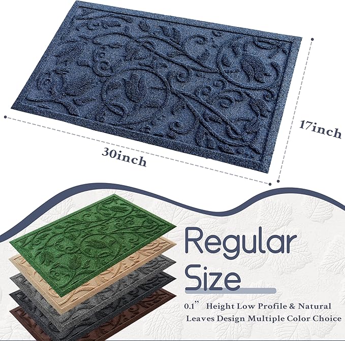 Boho Blue Floral Leaves Outdoor Indoor Entrance Doormats, Absorbent Durable Heavy Duty Welcome Front Door Mat,Thick Natural Rubber Back,Easy Clean Entryway Mat 17x30 Inch, Low Profile