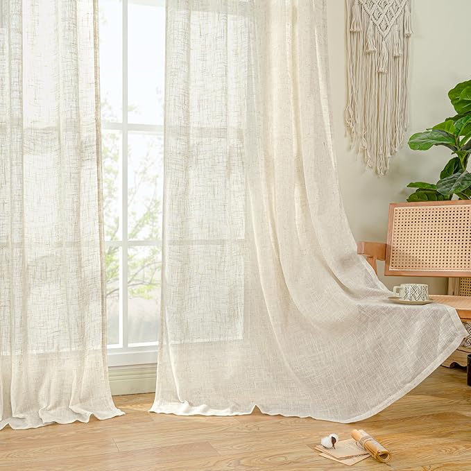LAMIT Natural Linen Boho Curtains 84 inch Length 2 Panels, Cream Ivory Light Filtering Semi Sheer Panels Back Tab and Rod Pocket Neutral Drapes for Bedroom/Living Room, 34 x 84 Inch