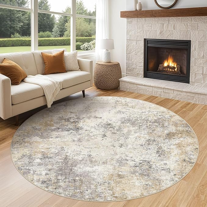 UERMEI 6ft Round Area Rug Living Room Rugs - 6x6 Washable Neutral Modern Abstract Soft Thin Rug Indoor Floor No Slip Rug Carpet for Bedroom Under Dining Table Home Office Decor - Golden Grey