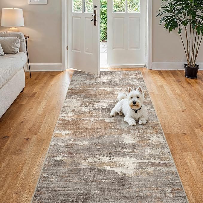 4x8 Washable Kitchen Runner Rug: Modern Abstract Wide Runners for Hallway Soft Non Slip Rugs with Rubber Backing Low Pile Thin Carpet for Entryway Bedroom Bathroom Laundry Indoor(Brown/Brick,4x8)