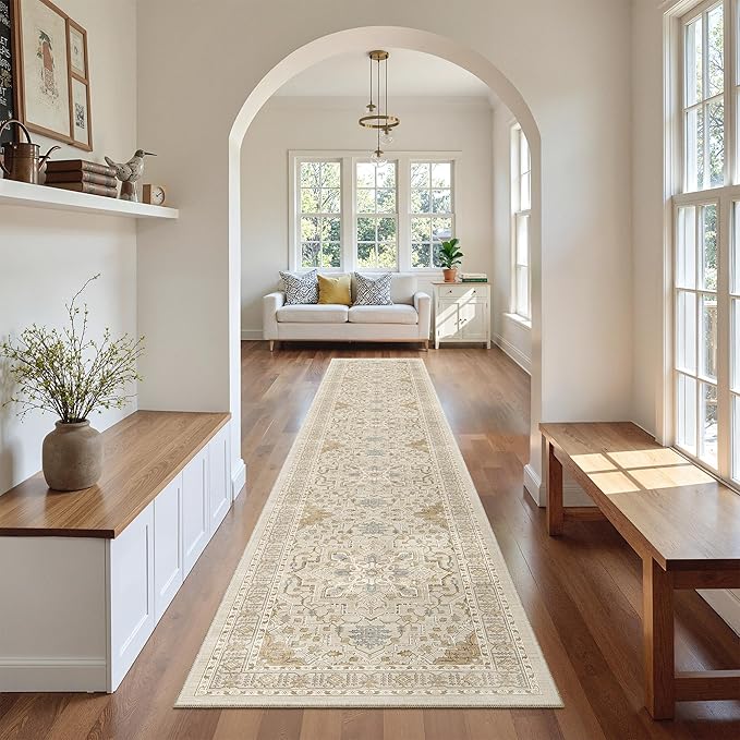 Madane Hallway Runner Rug 2x12, Long Washable Runner Rugs 12ft with Rubber Backing, Non Slip Carpet Runner, Vintage Rug Runners for Kitchen Laundry Room Entryway (Beige/Blue, 2'x12')