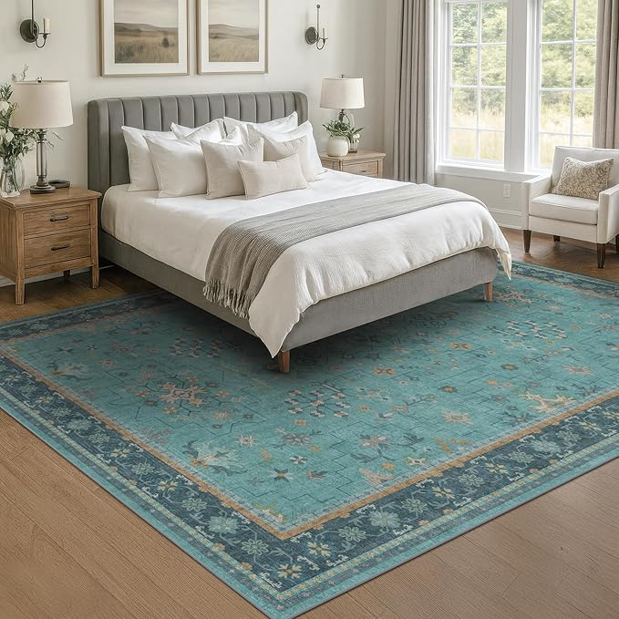 5x7 Teal Rug for Living Room, Boho Turquoise Rugs for Bedroom, Modern Eclectic Low-Pile Carpet for Dining Table, Washable Non-Slip with Rubber Back