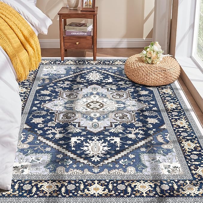 OPPODREAM Soft Area Rugs 4x6, Low-Pile Washable Rugs 4x6 with Non Slip Backing, Faux Cashmere 4 x 6 Throw Carpet, Navy Blue & Gold