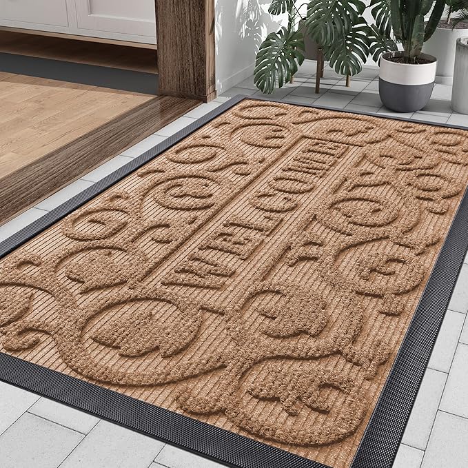 Smiry Welcome Door Mat Outside Entrance, Heavy Duty Trap Dirt and Moisture Easy Clean Low Profile Patio Porch Indoor Outdoor Front Doormat for Entry, 35x23 Inch, Coffee