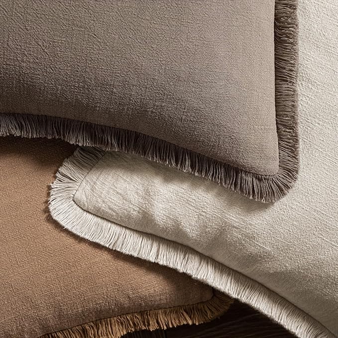 MIULEE Decorative Throw Pillow Covers Neutral Linen Fringe Throw Pillows Euro Shams Set of 2 Natural Coffee Boho Farmhouse Cushion Covers for Couch Sofa Bed Living Room Spring Home Decor 24x24 Inch