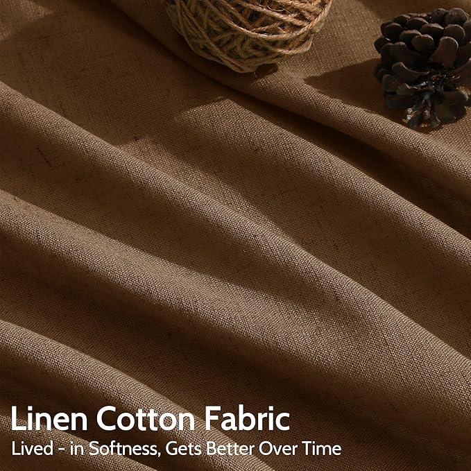 Tobacco Brown Linen Curtains 90 Inch Long for Bedroom Living Room Linen Textured Window Drapes Semi Sheer Light Filtering Rod Pocket Back Tab Cotton Textured Farmhouse Curtain 52x90,2 Panels