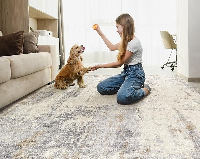 UERMEI 8x10 Area Rug Living Room Rugs - Washable Neutral Modern Abstract Soft Thin Rug Indoor Floor No Slip Rug Carpet for Bedroom Under Dining Table Home Office Decor - Light Brown/Gray