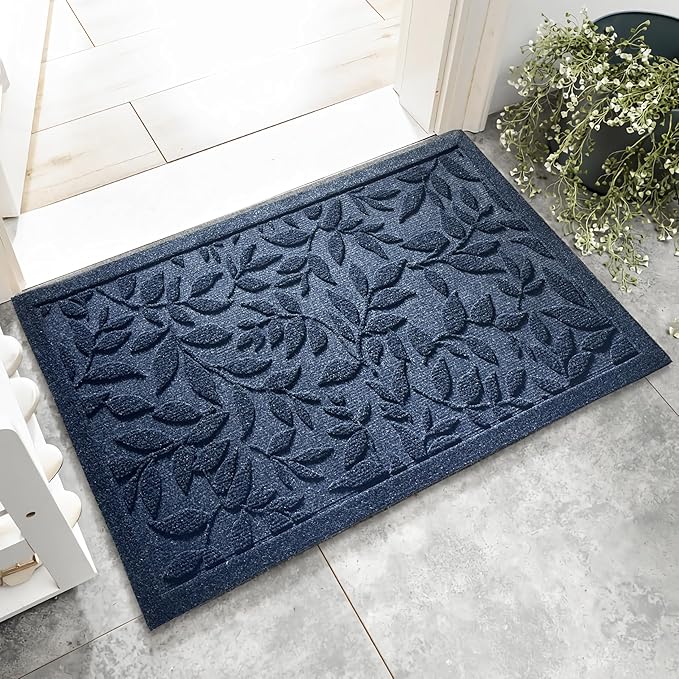 Blue Leaves Outdoor Indoor Entrance Doormats, Absorbent Durable Heavy Duty Welcome Front Door Mat,Thick Natural Rubber Back,Easy Clean Entryway Mat 17x30 Inch, Low Profile