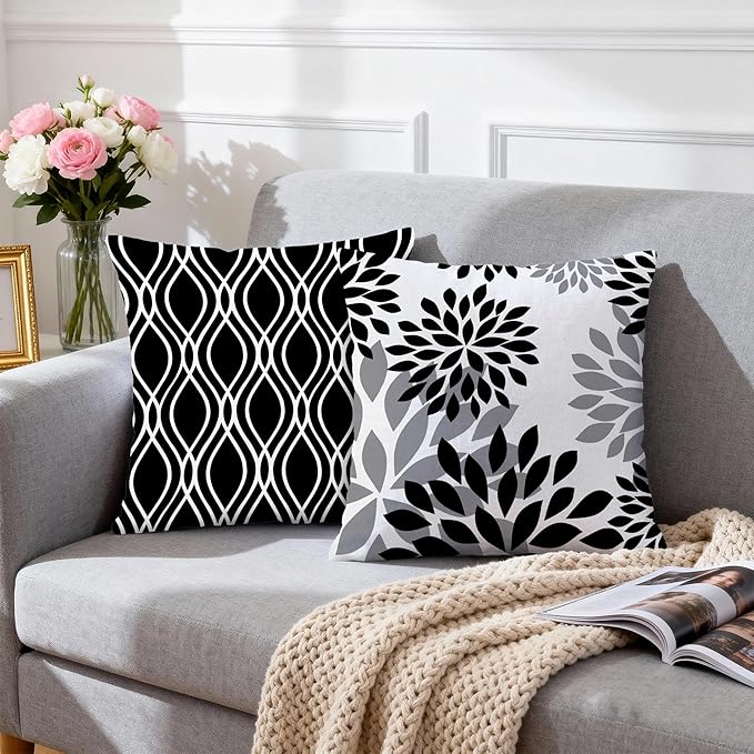 Hexagram Geometric Black Pillow Covers 18x18 Set of 4, Decorative Outdoor Boho Modern Throw Pillow Covers, Home Sweet Home Farmhouse Cushion Case for Couch Sofa Bedroom Indoor Decor(No Insert)