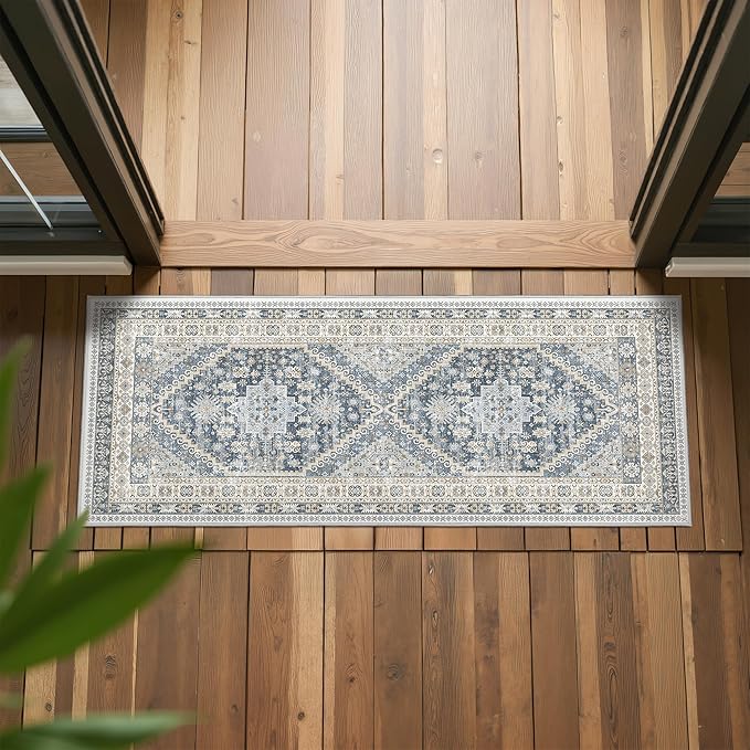 2x5 Rug Runner Washable for Entryway, Soft Bathroom Rugs with Non-Slip Backing,Vintage Low Pile Stair Runner, Small Kitchen Carpet for Hallways, Laundry Room(Blue/Beige,2'x5')
