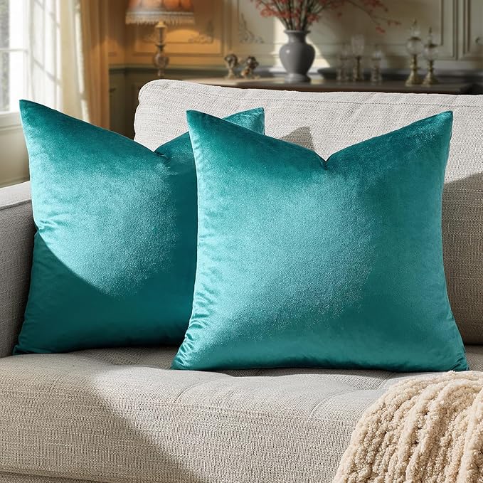 GIGIZAZA Decorative Throw Pillow Covers 16x16,Set of 2 Teal Square Couch Pillow Covers,Velvet Sofa Boho Cushion Pillows