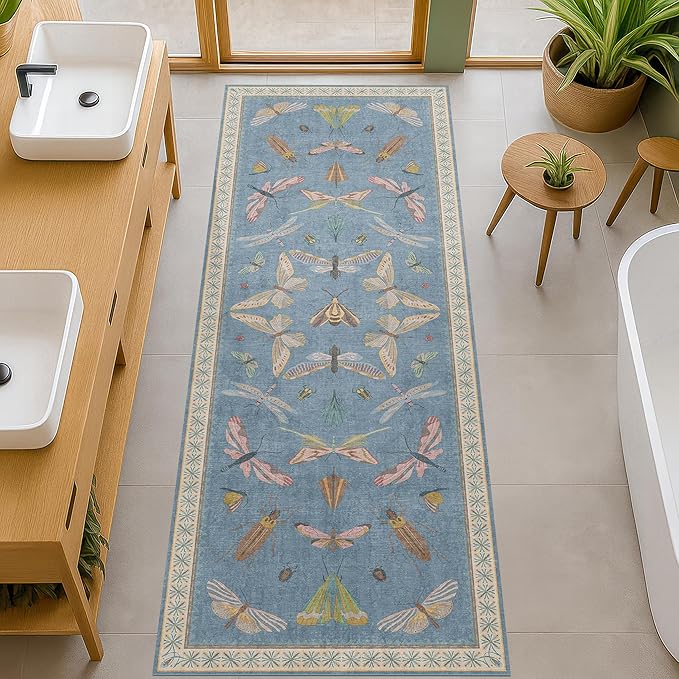 Hazo Haus Boho Non Slip Kitchen Rug Runner - 2x6 Blue Washable Rug for Bathroom, Laundry Room, Hallway, Non Slip with Rubber Backing, Insect Print Unique Runner