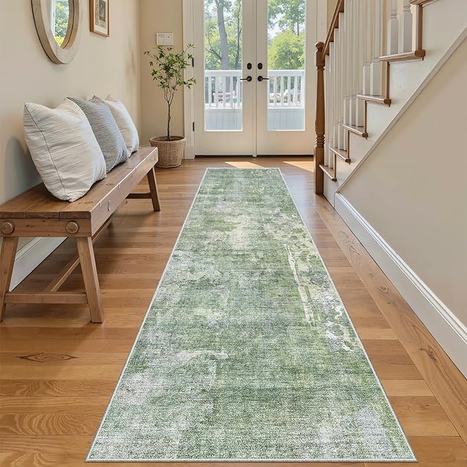 Soalmost Washable Runner Rug, 2'6" x 8' Non-Slip Kitchen Vintage Foldable 2.5x8ft Hallway Runners for Entryway, Laundry, Bedroom, Green/Ivory