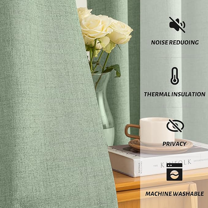 Yakamok Light Sage Green Linen Curtains 100% Blackout 96 Inches Long,Room Darkening Textured Curtains for Living Room Thermal Grommet Bedroom Curtains 2 Panels with White Liner