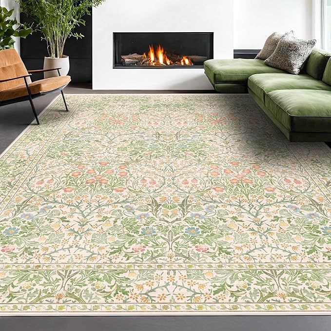 Washable Light Green Rug for Bedroom - 9x12 Large Area Rug for Dining Room Under Table, Living Room, Soft Low Pile Carpet for Playroom - Vintage Floral Non-Slip Stain Resistance (9x12 Beige Green)