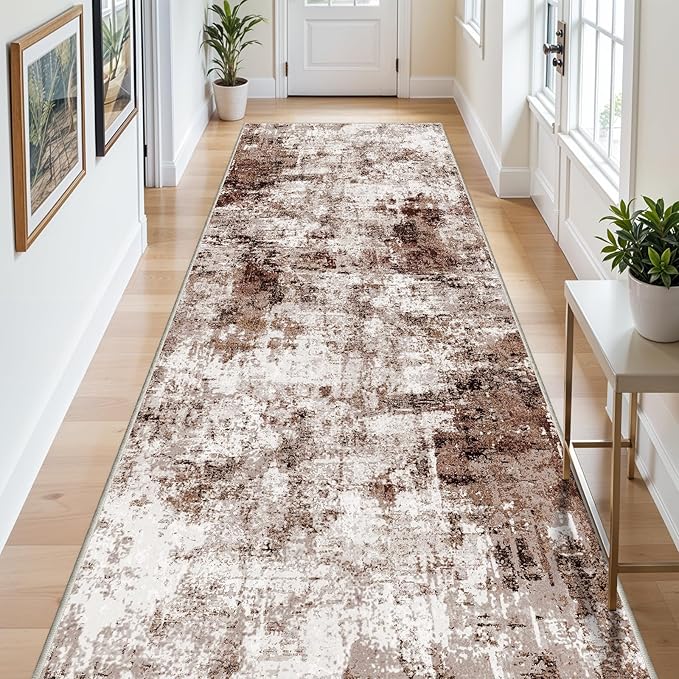 4x12 Runner Rug for Wide Hallway: Long Washable Runners for Entryway Living Room Dining Room - Stain and Water Resistant Rugs with Non-Slip Backing - Soft Low-Pile Carpet Brown Khaki White