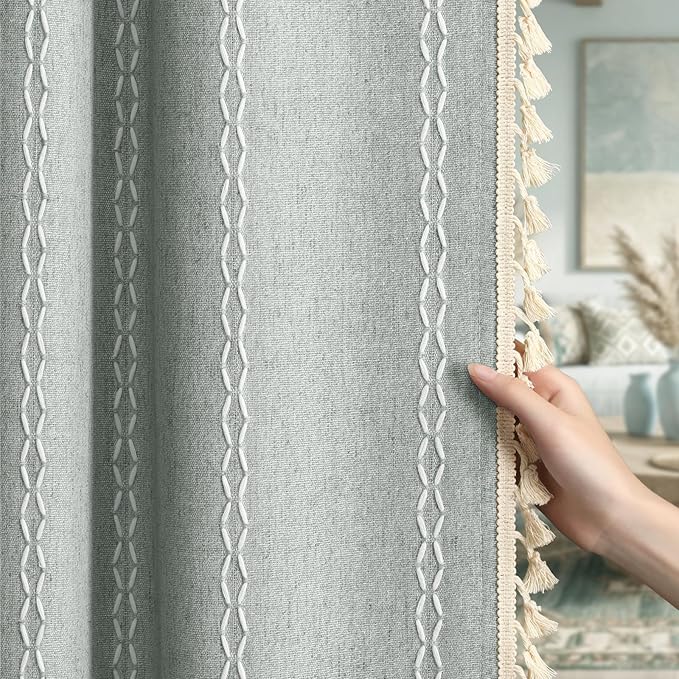 Teal Boho Blackout Curtains 90 Inches Long Light Green Linen Blend 2 Panels with Tassels and Cotton Embroidery, Farmhouse Vintage Rustic Rod Pocket Drapes for Living Room or Bedroom