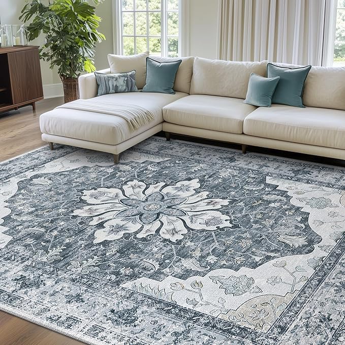 RELEANY Area Rugs 6'x9' Washable Non-Slip, Floral Vintage Distress Print Pattern Medallion Carpet for Living Room Bedroom Dining Room, Light Gray Grey White