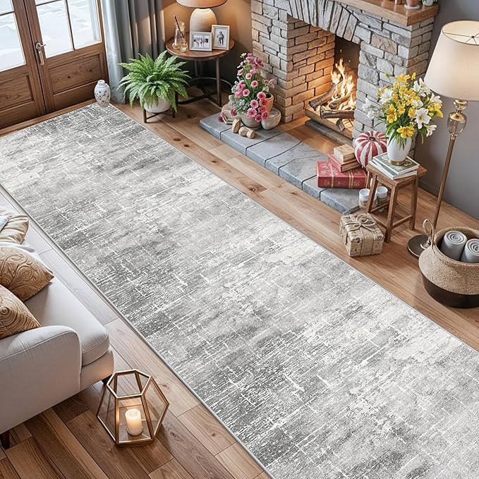 2'6x14 Abstract Kitchen Area Rugs: Farmhouse Washable Non-Slip Long Hallway Rug Soft Stain-Resistant Entryway Bathroom Floor Mat Low-Pile Nursery Living Room Bedroom Carpet(2'6x14,Light/Grey)