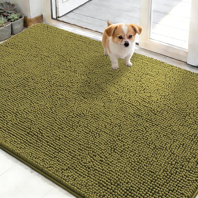 OLANLY Dog Door Mat for Muddy Paws 50x30, Absorbs Moisture and Dirt, Absorbent Non-Slip Washable Doormat, Quick Dry Chenille Mud Mat, Entry Indoor Entryway Carpet for Inside Floor, Willow Green