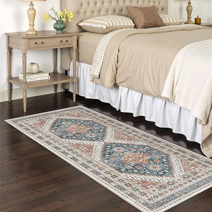 2x5 Rug Runner Washable for Entryway, Soft Bathroom Rugs with Non-Slip Backing,Vintage Low Pile Stair Runner, Small Kitchen Carpet for Hallways, Laundry Room(Blue/Red,2'x5')