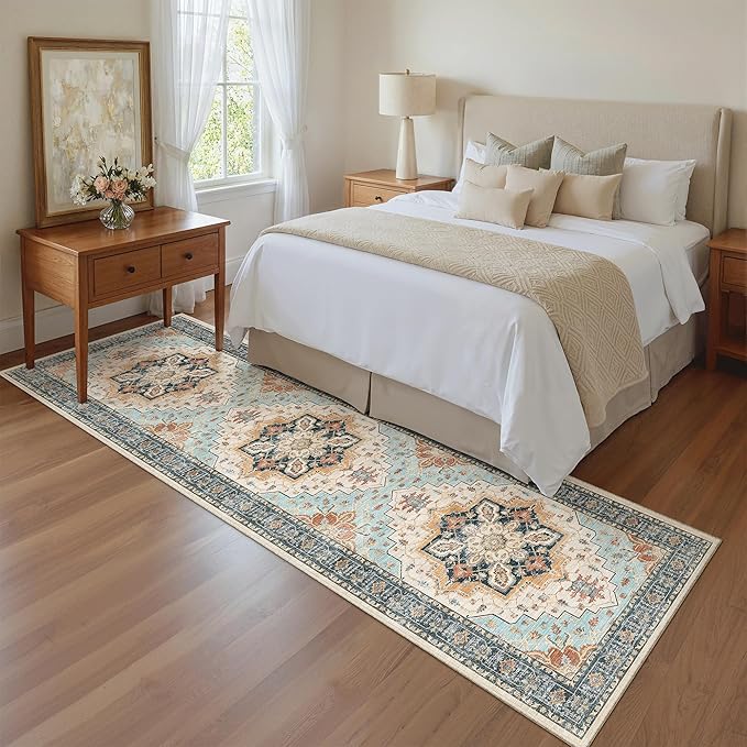 Madane Runner Rug 2x8, Washable Hallway Runner Rugs, Non-Slip Low-Pile Soft Kitchen Rug Runner Laundry Room Rug, Vintage Throw Entry Foyer Mat for Entrance Living Room (Orange/Blue, 2 x 8)