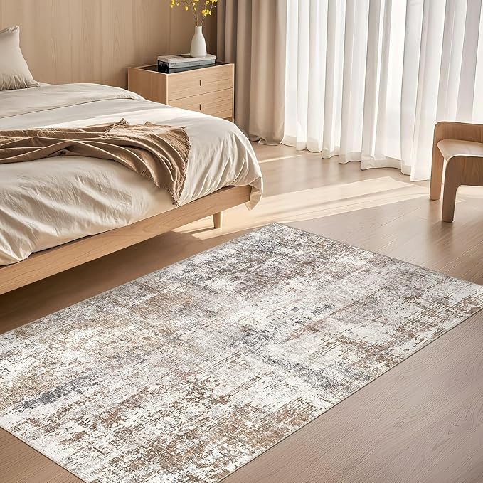 UERMEI 3x5 Area Rug Living Room Rugs - Washable Neutral Modern Abstract Soft Thin Rug Indoor Floor No Slip Rug Carpet for Bedroom Under Dining Table Home Office Decor - Brown/Grey/Red