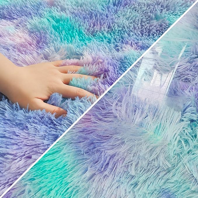 Super Soft Fluffy Living Room Area Rug 2x8 ft Purple Rainbow Tie-Dyed Shaggy Furry Carpet Washable Non-Slip Carpets Bedroom Bedside Nursery Rug Cute Colorful Room Decor for Girls