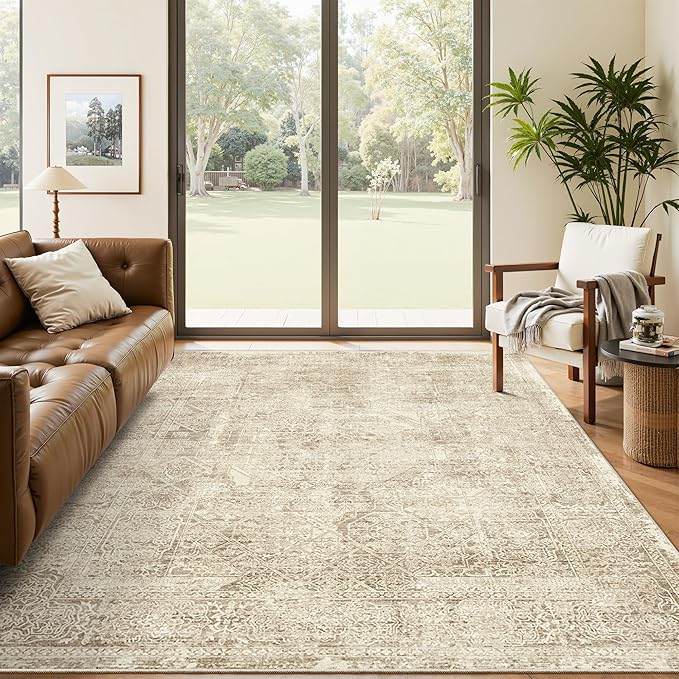 5x7 Area Rugs Brown Low Pile Indoor Washable Trendy Faded Style Floral Rugs for Bedroom Living Room Dining Room Foldable Non-Slip Thin Print Mat