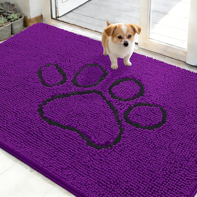 OLANLY Dog Door Mat for Muddy Paws 48x30, Paw Print Design, Absorbs Moisture and Dirt, Absorbent Non-Slip Washable Doormat, Quick Dry Chenille Mud Mat for Dogs, Entry Indoor Entryway Carpet, Purple