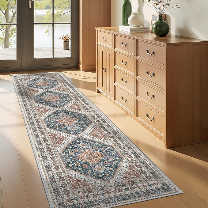 Runner Rug 2x8 Runners for Hallways Non Slip Washable, Vintage Hallway Runner Rugs for Living Room, Low Pile Soft Hallway Rug for Kitchen Bedroom Laundry Room Rug(Blue/Red,2'x8')