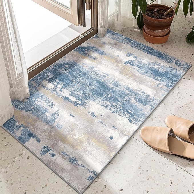 BEIMO 2x3 Rugs for Entryway Entrance Kitchen Bathroom, Machine Washable Modern Abstract Soft Area Rug, Indoor Floor Carpet with Non Slip Rubber Backing, Blue Cream