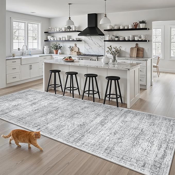 Runner Rug 3x8 Washable Non-Slip Hallway Runner Rugs for Kitchen Bathroom Laundry Room Grey Vintage Floor Carpet Runners for Hallways Entryway