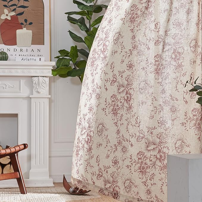 jinchan Linen Blend Curtain Floral Curtains for Living Room 63 Inch Length Farmhouse Brick Red Printed Curtain Rod Pocket Back Tab Peony Flower Patterned Drapes Curtains Set 2 Panels