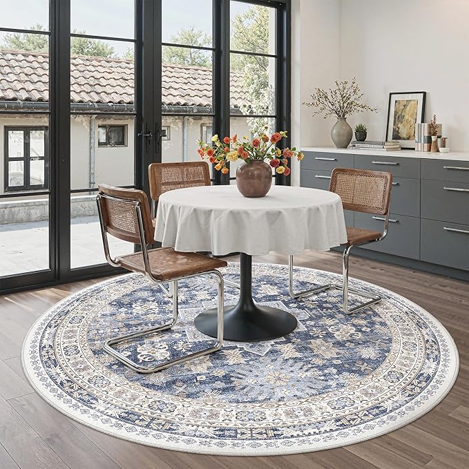 zesthome Washable Round Rug - 5ft Ultra-Thin Circle Area Rugs, Vintage Non-Slip Low Pile Rug for Living Room, Stain Resistant Rug for Bedroom, Entryway, Kitchen, Nursery