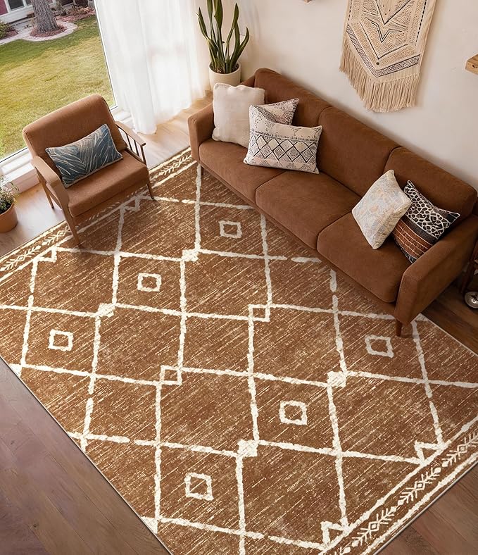 YIHOUSE Western Rugs for Living Room, 6x9 Moroccan Area Rug, Aztec Burnt Orange Large Rug, Southwestern Soft Low-Pile Washable Rugs for Bedroom, Dining Room