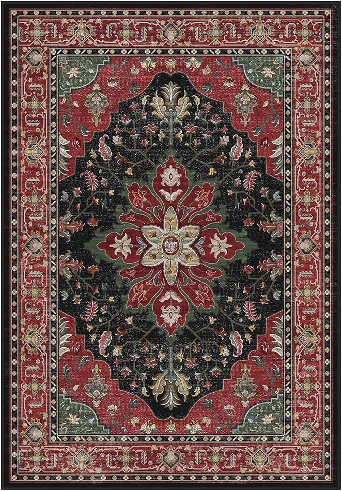 Area Rugs Round 8ft Washable Non-Slip, Floral Vintage Distress Print Pattern Medallion Carpet for Living Room Bedroom Dining Room, Red Black