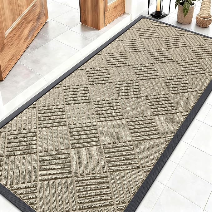 OLANLY Front Door Mat Outside Entrance 59x23, Absorbent, Heavy Duty Sturdy Natural Rubber Doormat Indoor Outdoor, Stain and Fade Resistant, Non-Slip Low Profile Floor Mat for Entryway, Beige Diamond