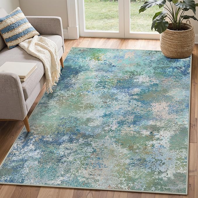 Area Rugs 5x7 for Living Room Bedroom, Modern Abstract Machine Washable Rug, Large Soft Low Pile Floor Carpet with Non Slip Backing for Dining Room, Blue Green