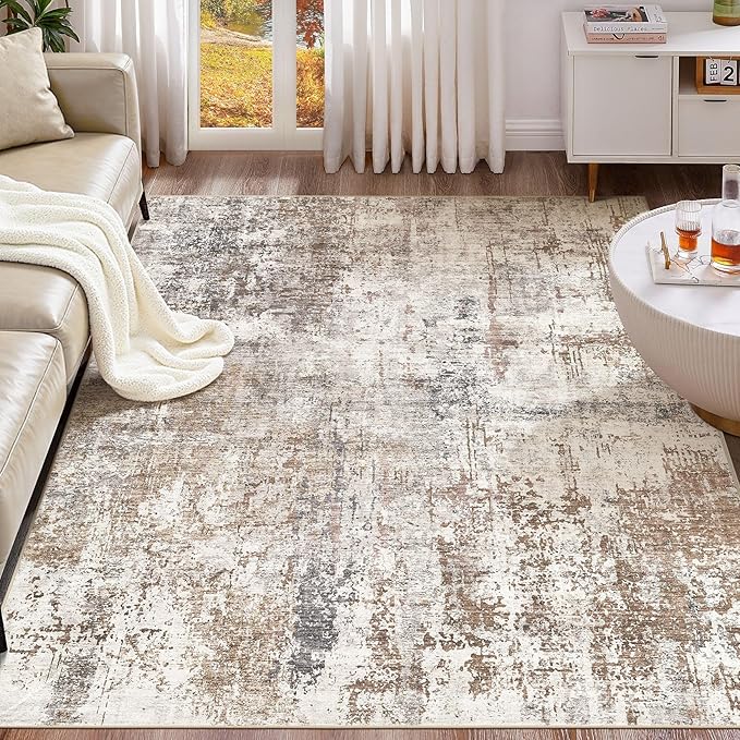 Area Rug Living Room Rugs - Washable Neutral Modern Abstract Soft Thin Rug Indoor Floor No Slip Rug Carpet for Bedroom Under Dining Table Home Office Decor - Brown/Grey/Red - 6x9
