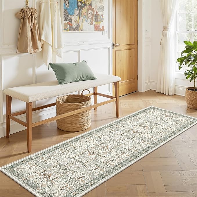 Washable 2x8 Runner Rug - Non Slip Vintage Kitchen Runner Rugs Low-Pile Distressed Long Rugs for Hallway Waterproof Indoor Carpet for Living Room Bedroom Entryway 2'x8' Green